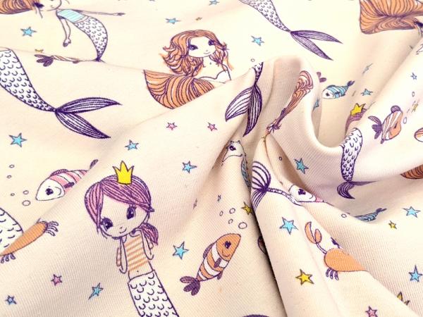 Resttück Baumwolljersey Meerestiere mit Meerjungfrau Hellrosa 50 x 150 cm